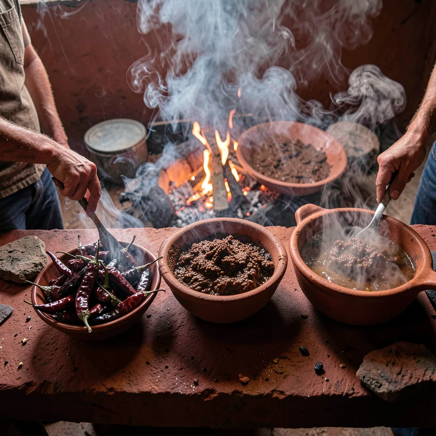 Full Mole-Making Process Staged on Wooden Mesa