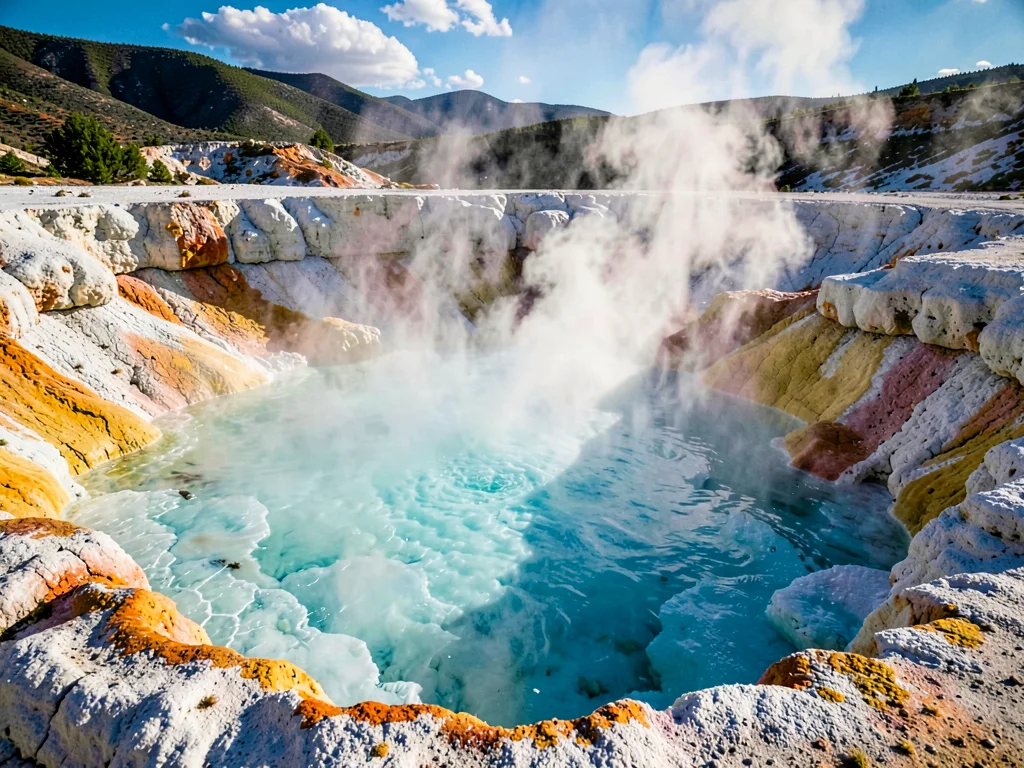 Steam rising from thermal pool catching light