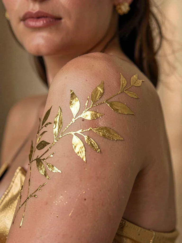 A woman's bare shoulder with a gold branch motif applied across the skin
