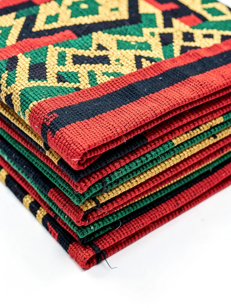 Stack of folded kente cloth strips — layers of color bands, side view