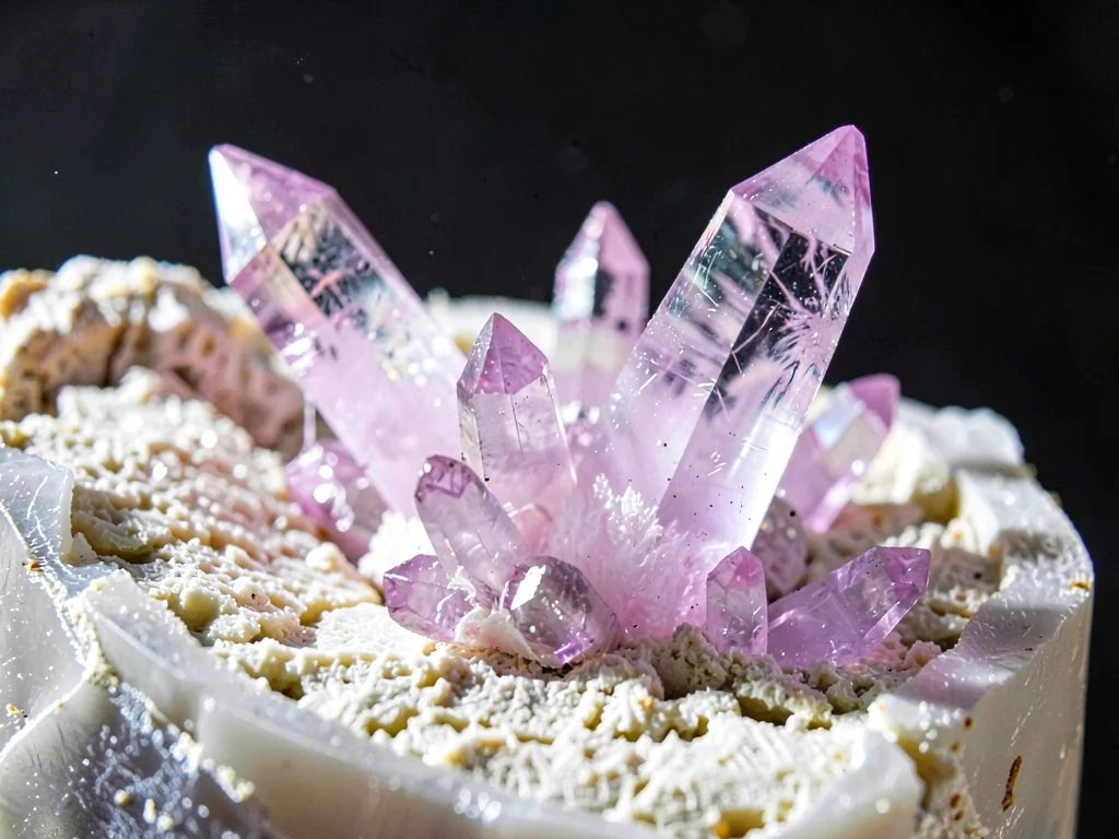 Amethyst crystal points growing from matrix