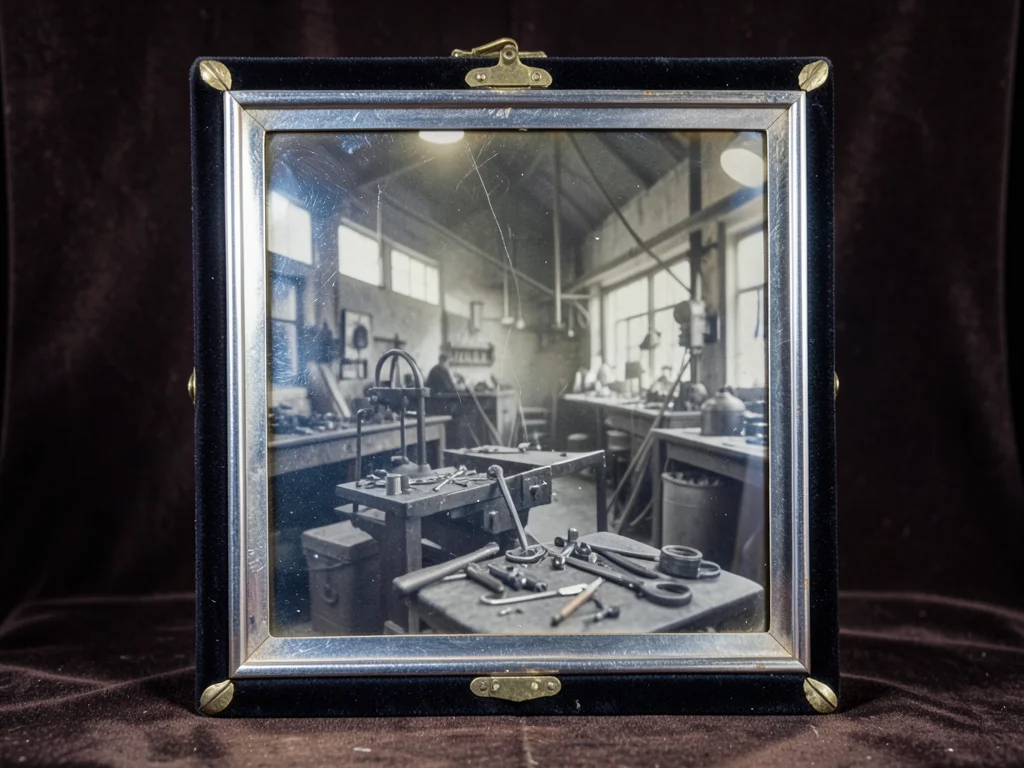 Industrial workshop captured in vintage photographic style, hand tools, antiqued