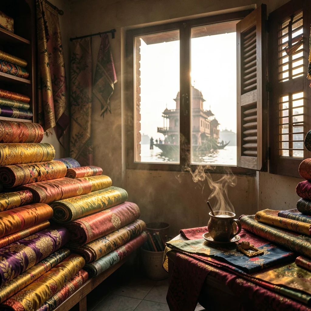 Sacred smoke catching golden Ganges light in Varanasi, Banarasi silk shop interi