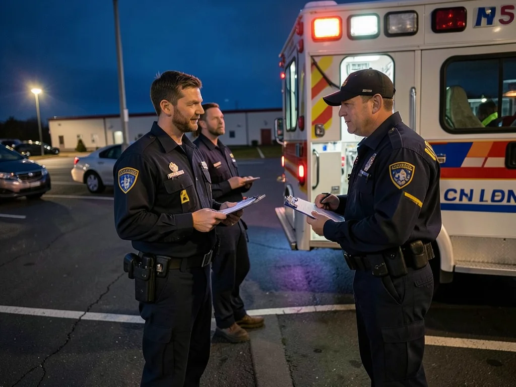Paramedic team debriefing beside ambulance — two figures with clipboards in a pa