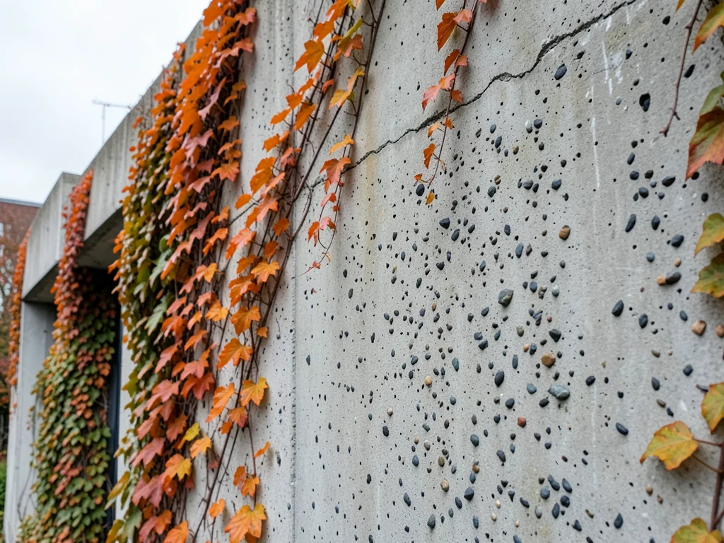 Brutalist concrete building with autumn ivy climbing walls, orange against grey