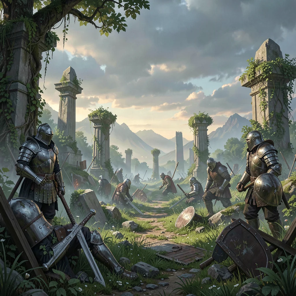 Fantasy environment illustration, an ancient battlefield now overgrown, monument