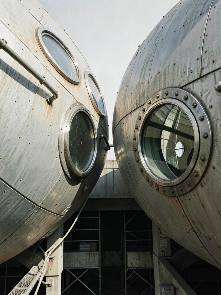 Two adjacent capsule pods seen from slightly below — portholes offset, geometric