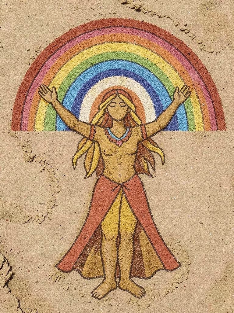 Rainbow goddess with raised arms