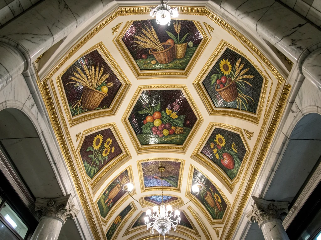 The ceiling of a Moscow Metro station, ornate plaster vault with octagonal coffe