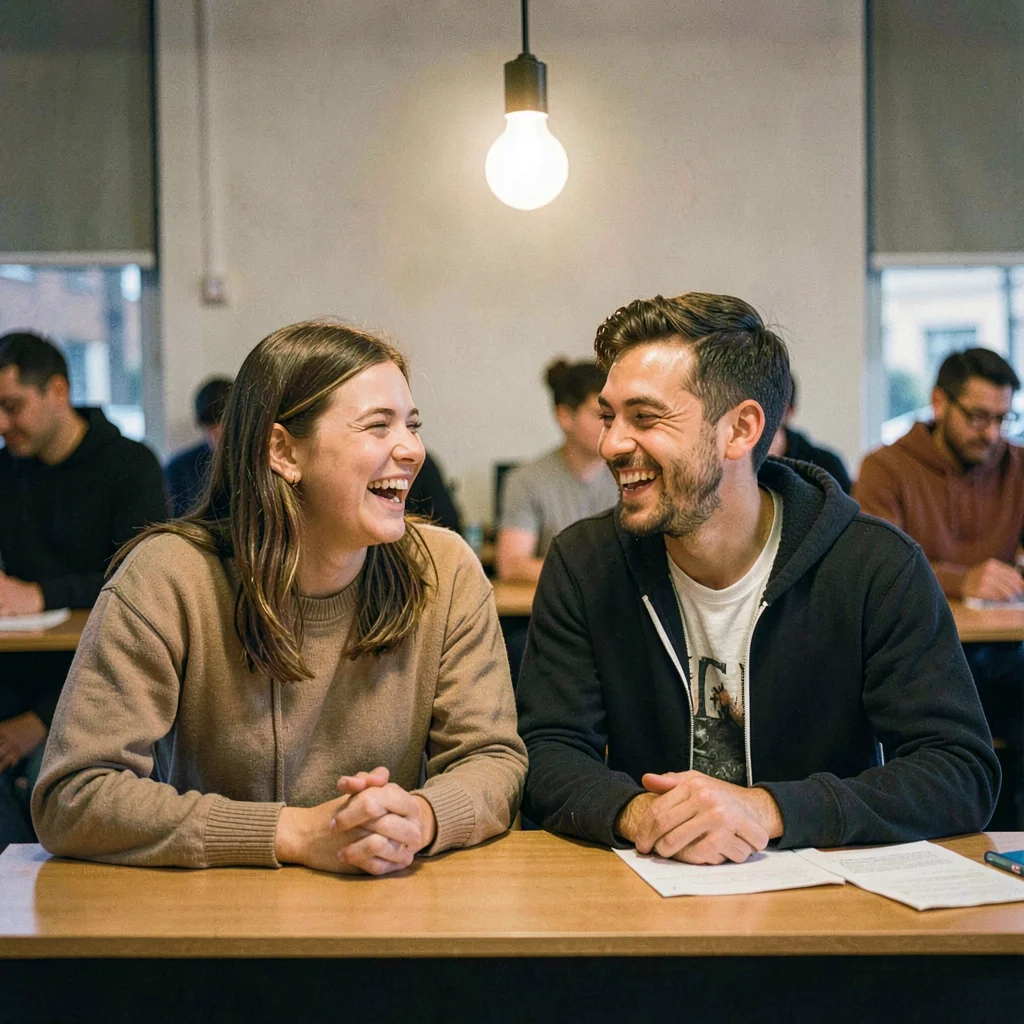Lamp-line portrait of two students sharing the booth and laughing, single bulb a