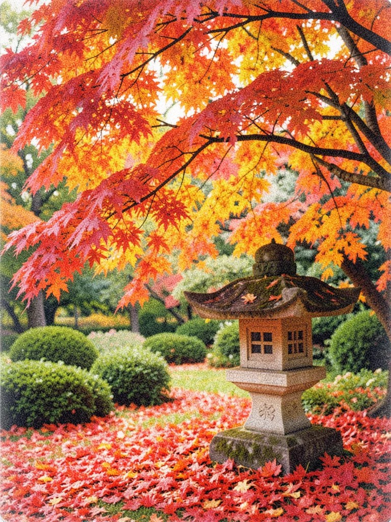 A Japanese maple in full autumn color overhanging a small stone lantern and a ca