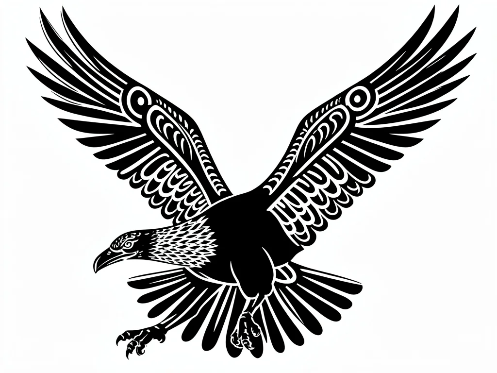 Raven in flight — wings spread, beak forward, formline secondaries filling wing 