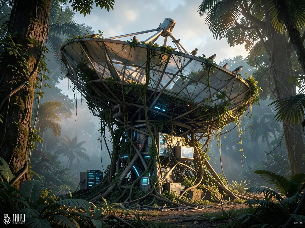 Abandoned satellite dish in a jungle, vines wrapping the structure, birds nestin