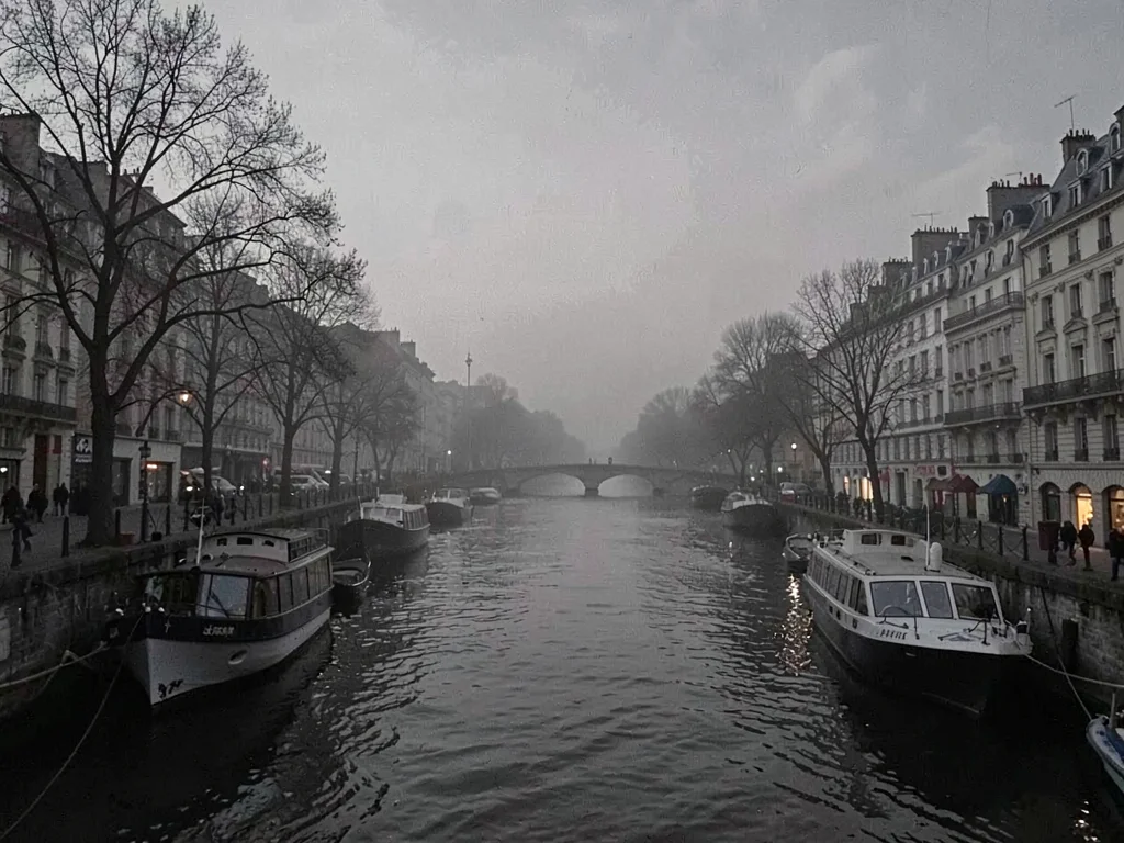 Moored boats as dark shapes in gray