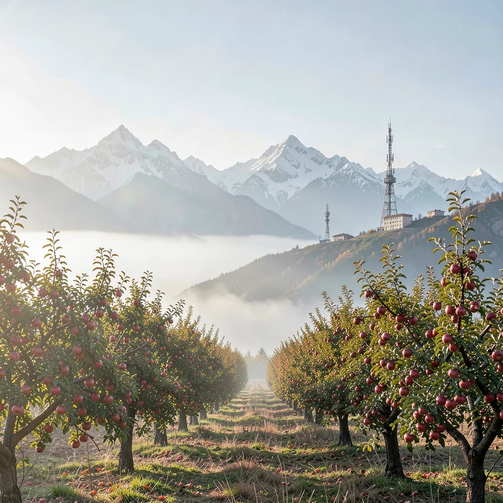 Tian Shan mountains behind Soviet Almaty, morning fog in apple orchard, Soviet r
