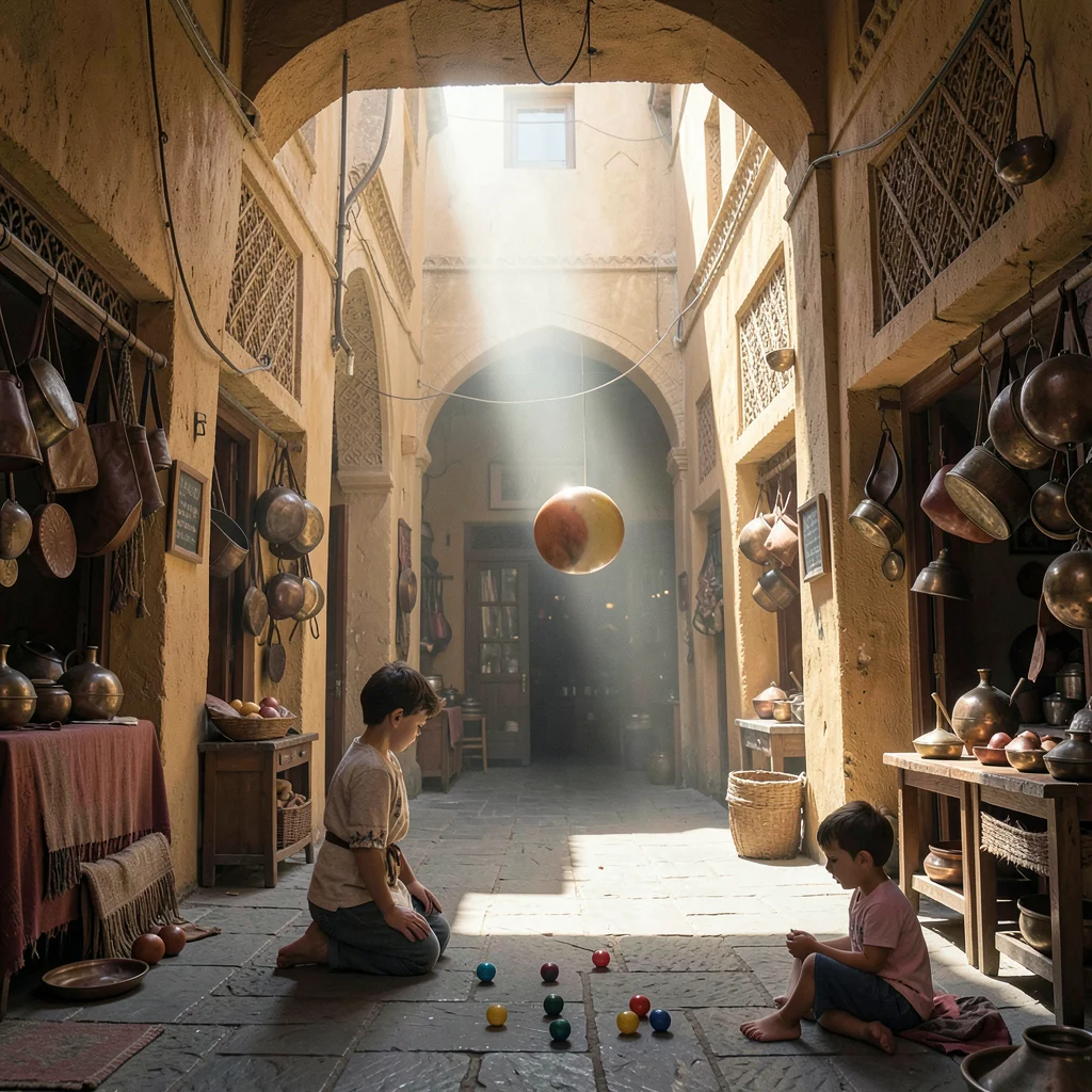 Fes medina light penetration, souk depth, child playing with marbles in shadowed