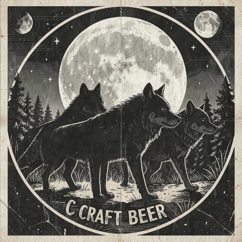 Craft beer label illustration, Wolf pack silhouette against full moon , brewery 