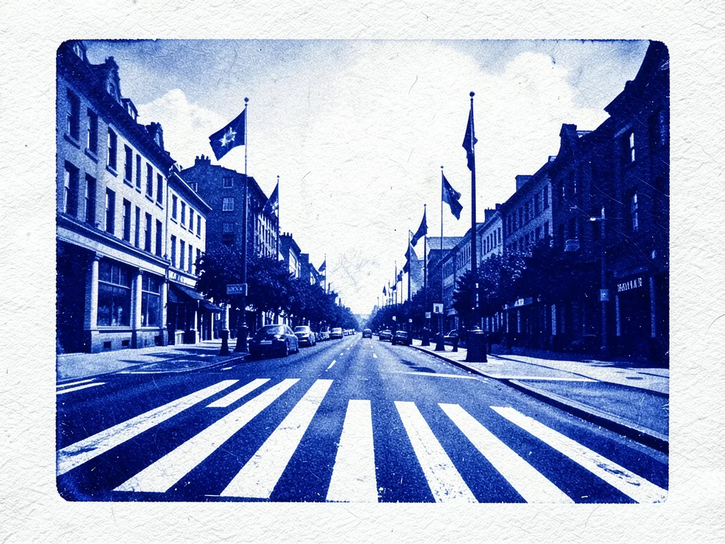 Sun-printed urban pride scene, crosswalk and flags in Prussian blue