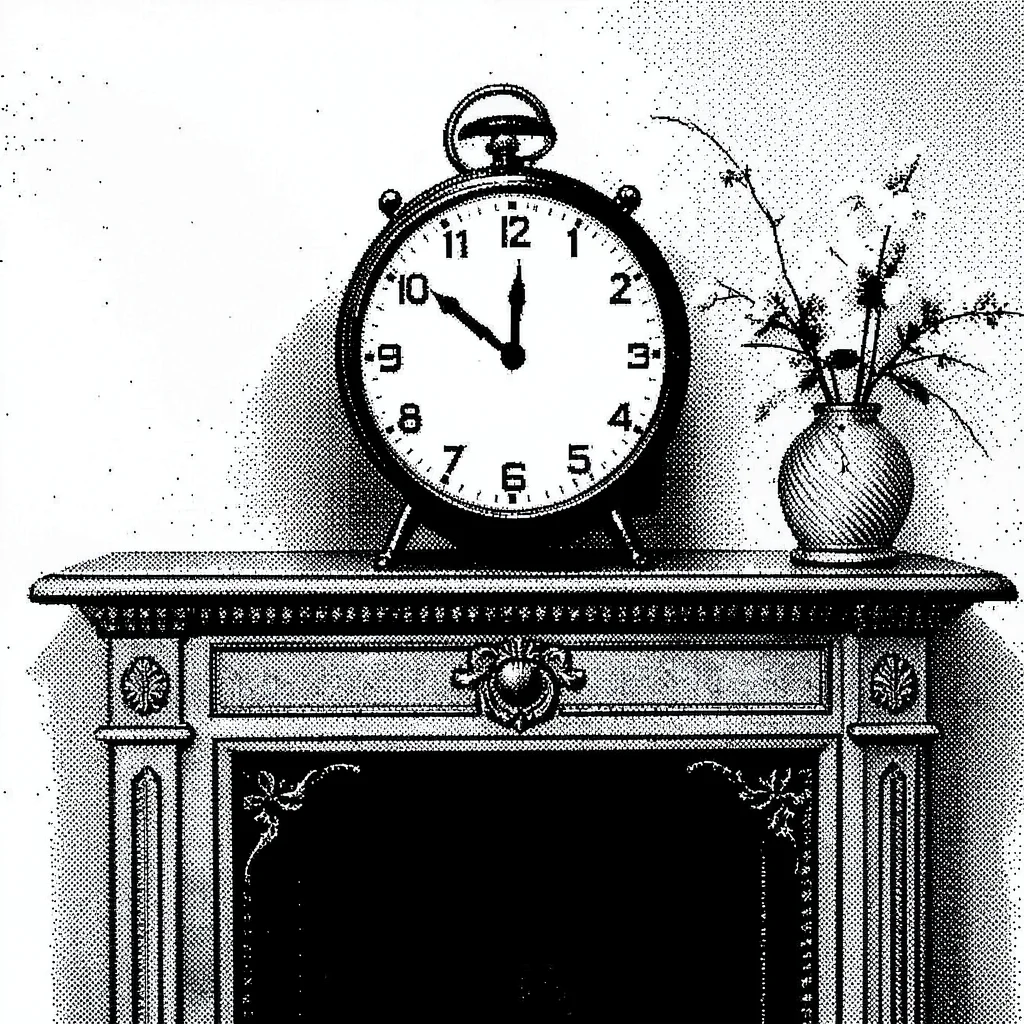 1-bit dithered illustration, clock on mantle , black and white only, dither patt