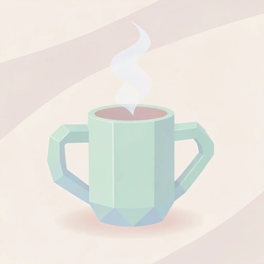 Steaming mint lowpoly mug with a chunky handle and steaming triangulated curl ab