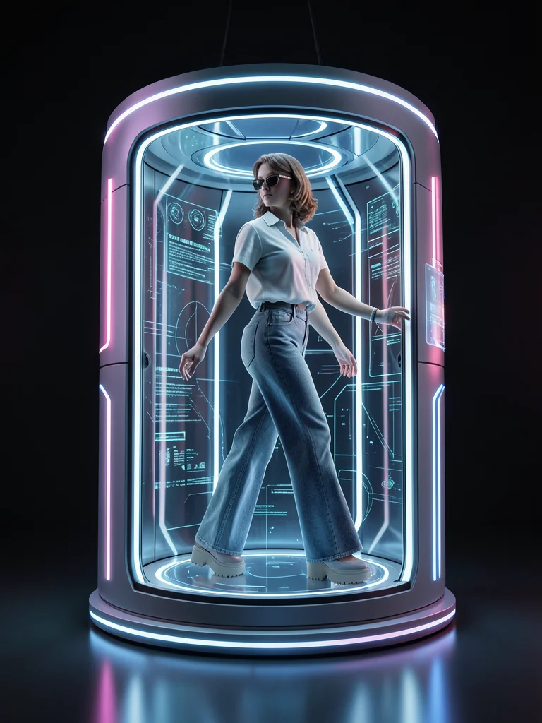 Woman in 70s bell-bottoms and platform shoes stepping into teleportation pod