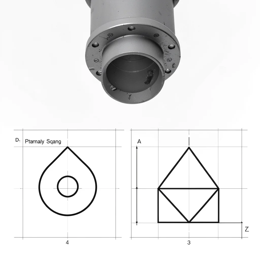 Industrial pipe junction overhead, circular flange and rectangular conduit