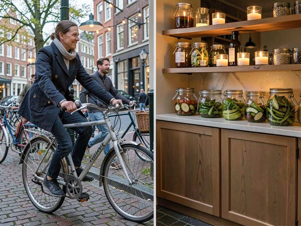 Bicycle rhythm through Copenhagen, pickled vegetables in glass jars on a restaur