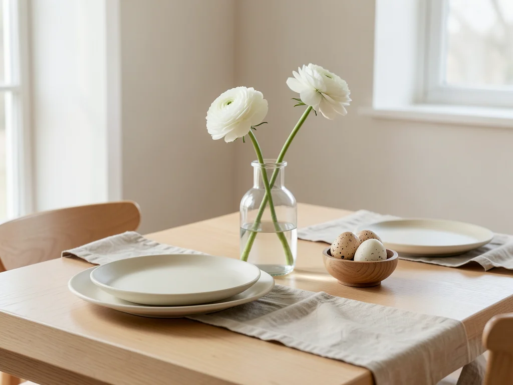 A minimalist Easter table — pale oak surface, handmade ceramic plates in matte c