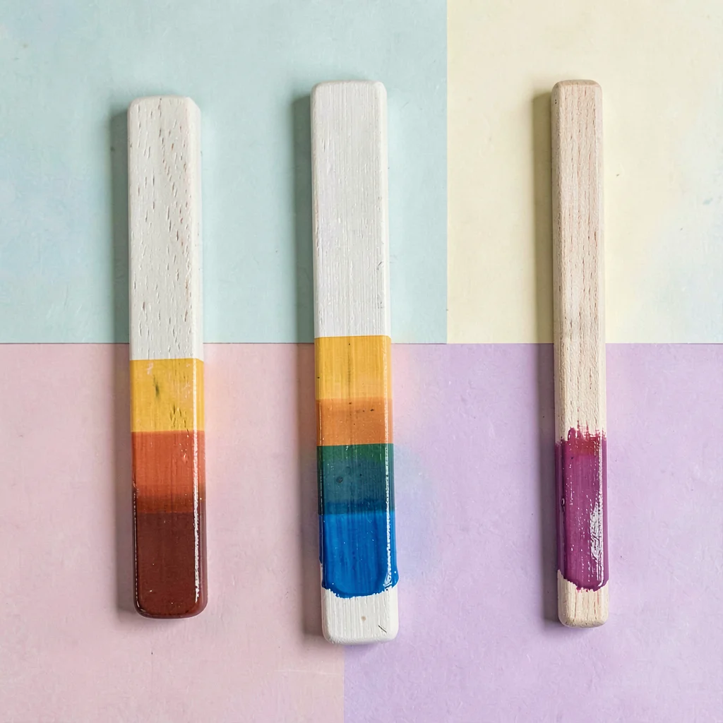 Color-block flatlay of three paint-dipped wooden sticks in graduated tones