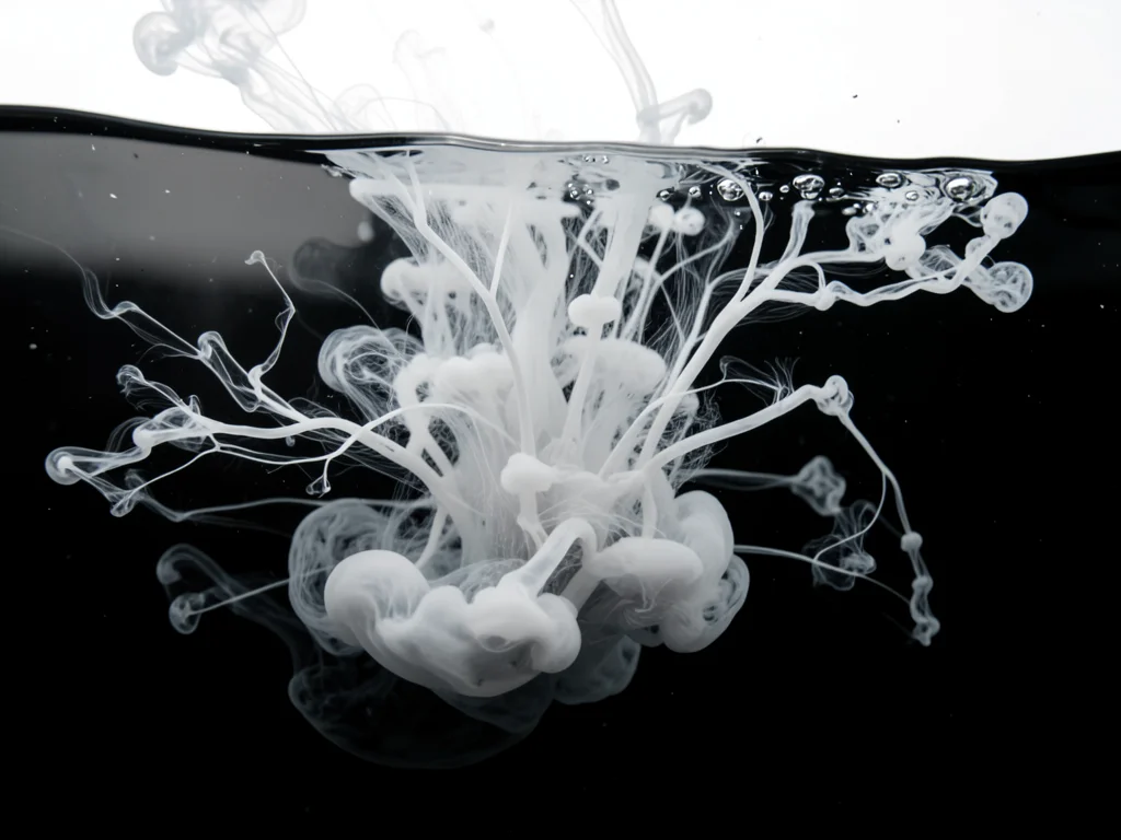White ink dropped into black-dyed water, inverse bloom of light tendrils in dark