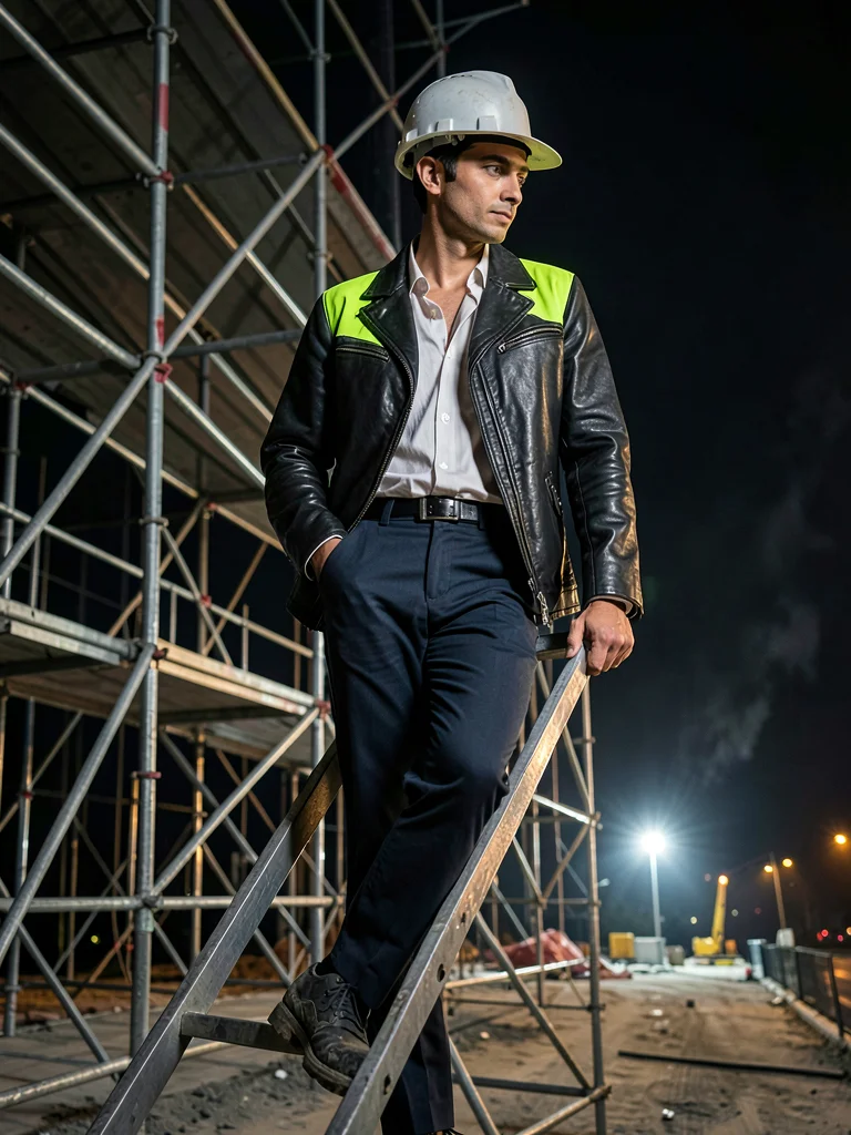 Scaffolding as geometric backdrop, worker ascending, fashion in elevation