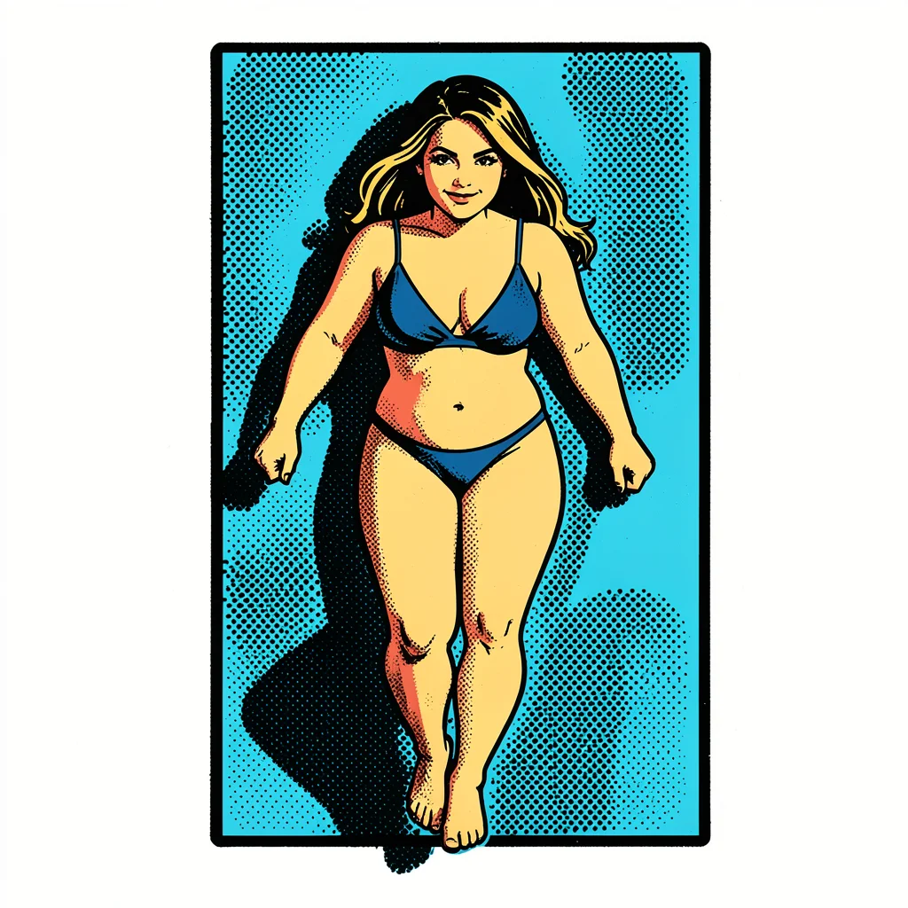 Sunbather on a towel viewed from above, flat skin, halftone shadow on towel