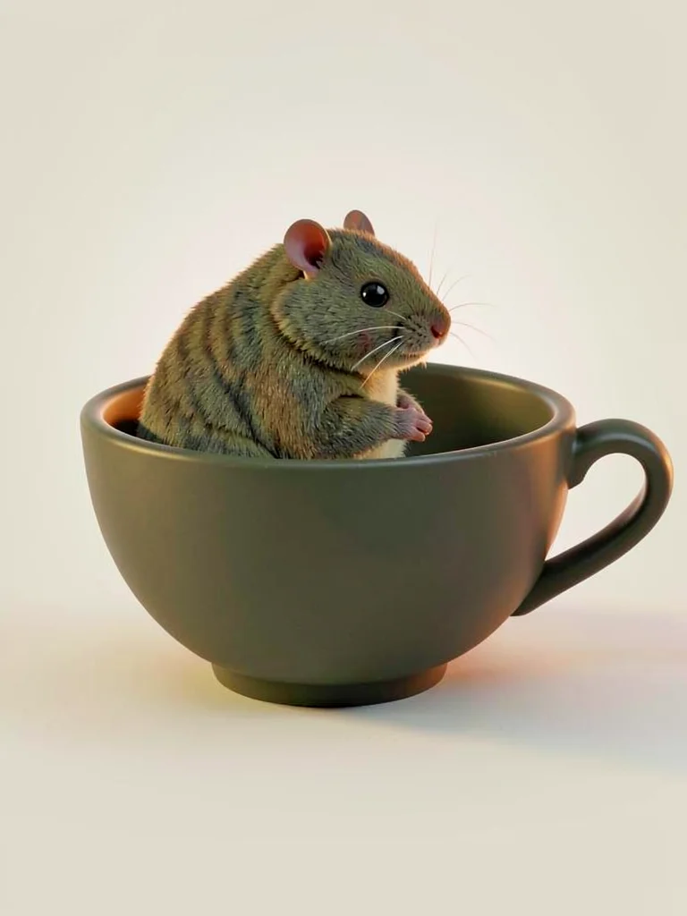 Quiet dormouse-poet curled inside the curve of an invisible teacup with rounded 