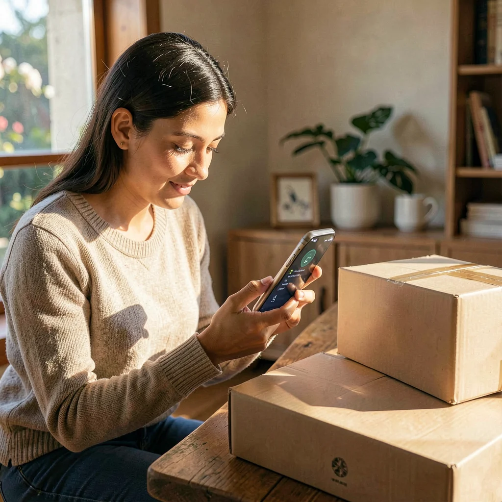 Lifestyle product photograph, Person checking delivery tracking on phone, waitin