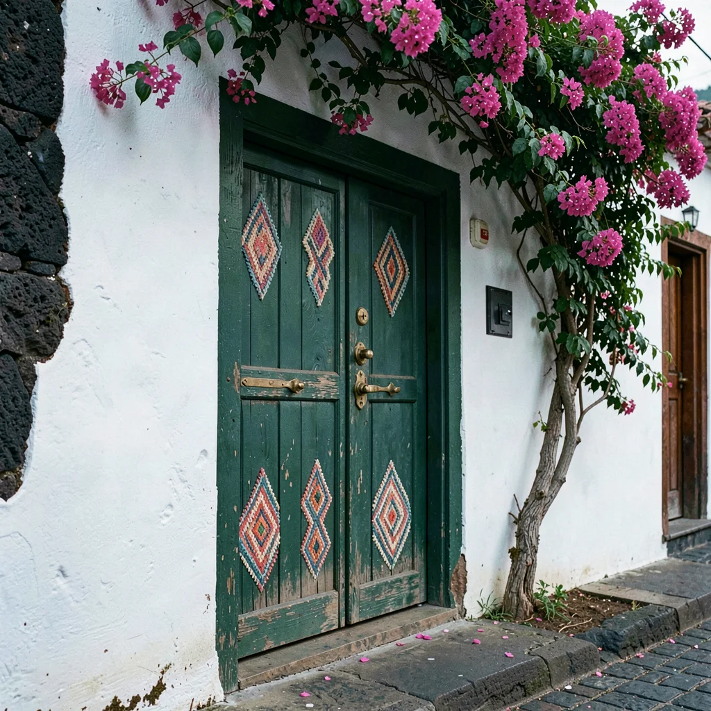 Documentary photograph with Guatemalan highland aesthetic, Painted wooden door i