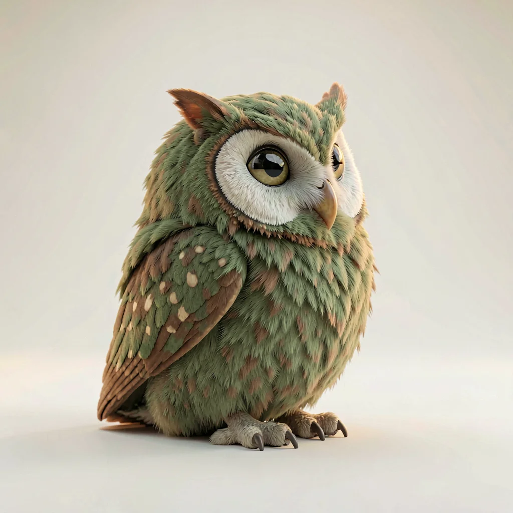 Round owl-spirit perched with head rotated nearly fully sideways in an inquisiti