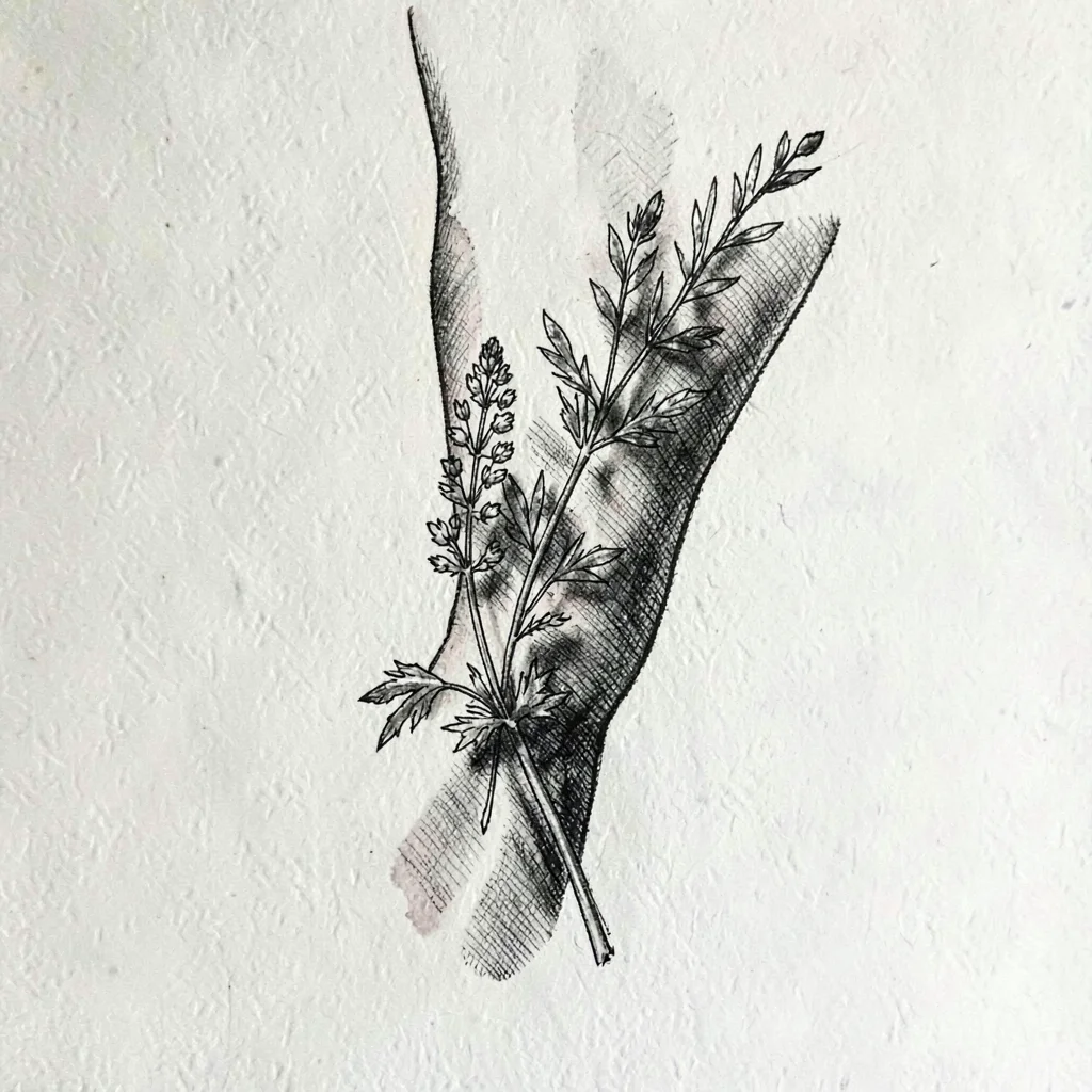 Pen-and-ink illustration of a tattooed forearm crossed with a sprig of botanical