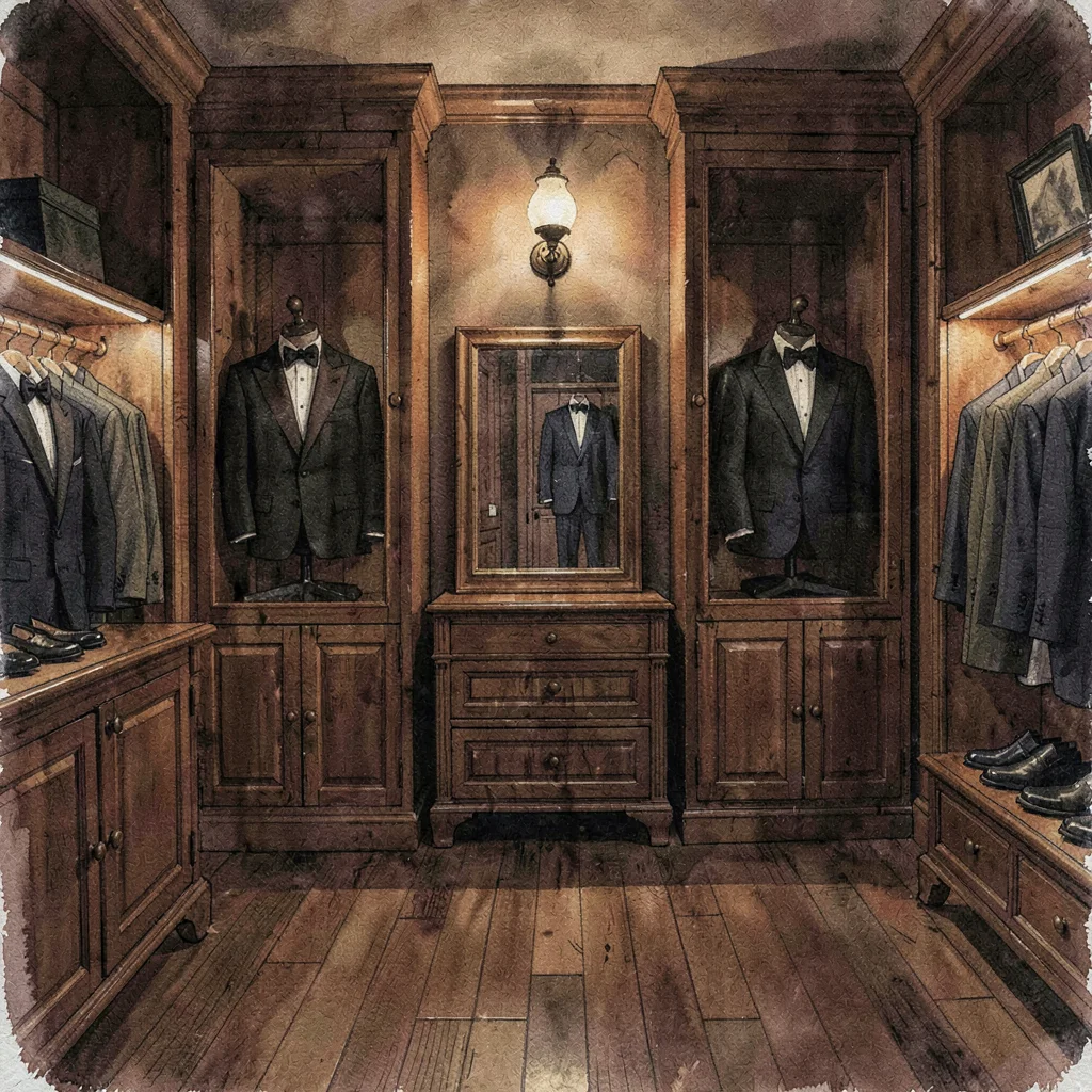 Atmospheric interior of the tuxedo shop at the dim quiet hour, mahogany cabinets