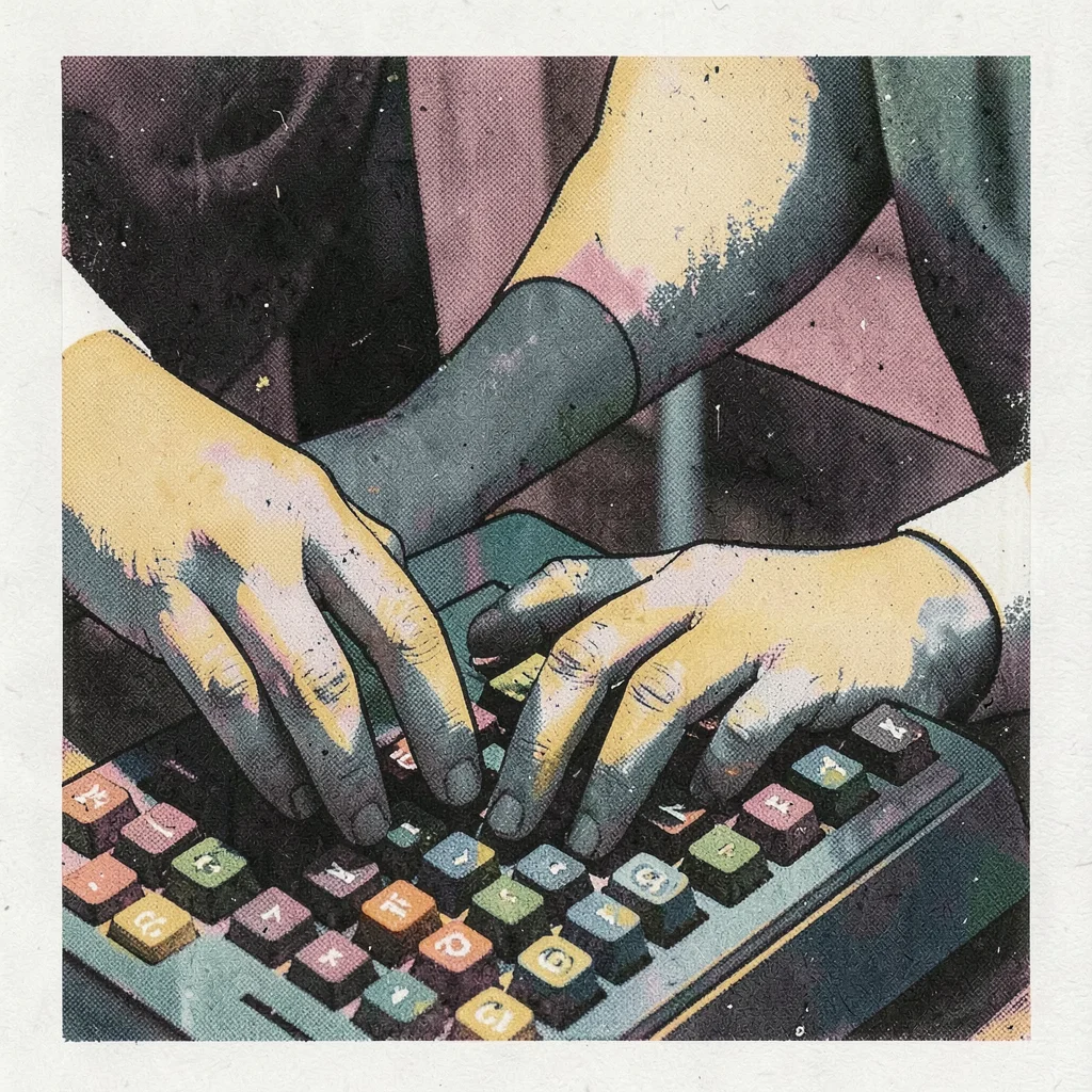 Risograph-style illustration, hands typing on keyboard , spot color layer simula