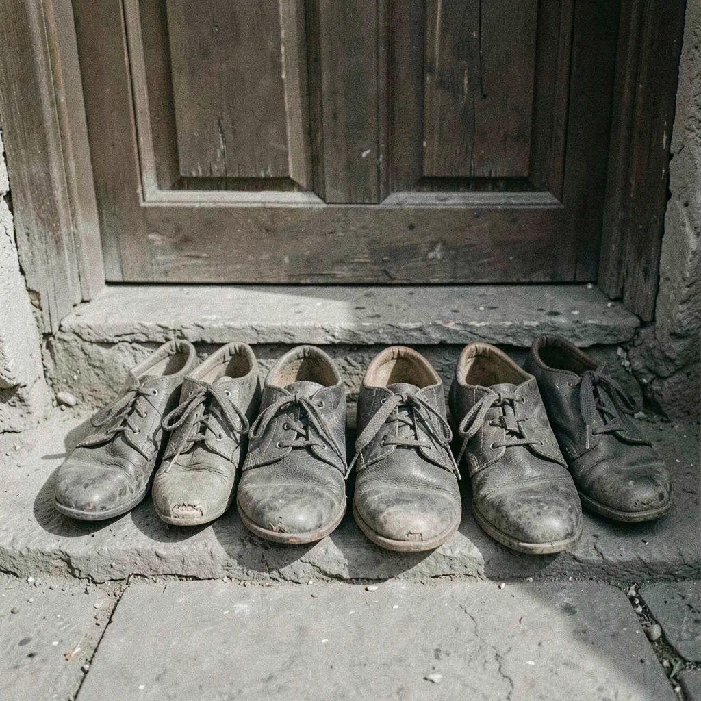 Child's shoes lined up at a door, worn thin at the toe, mismatched in size