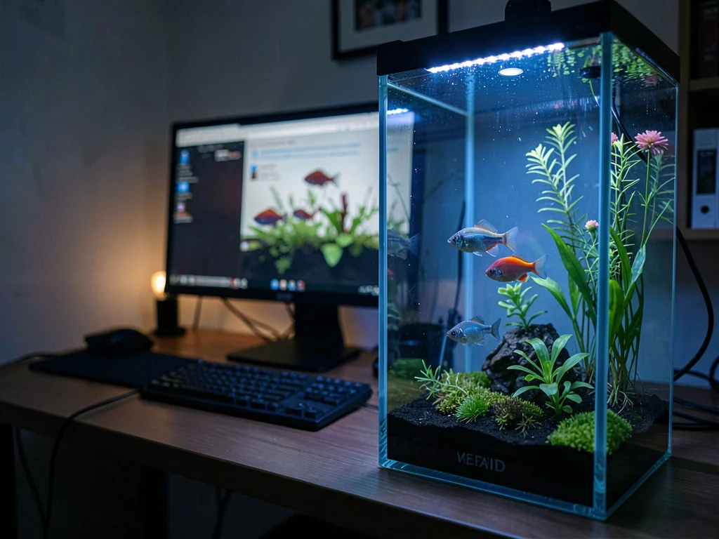 Small tank on desk next to computer, fish providing breaks from work, office aqu