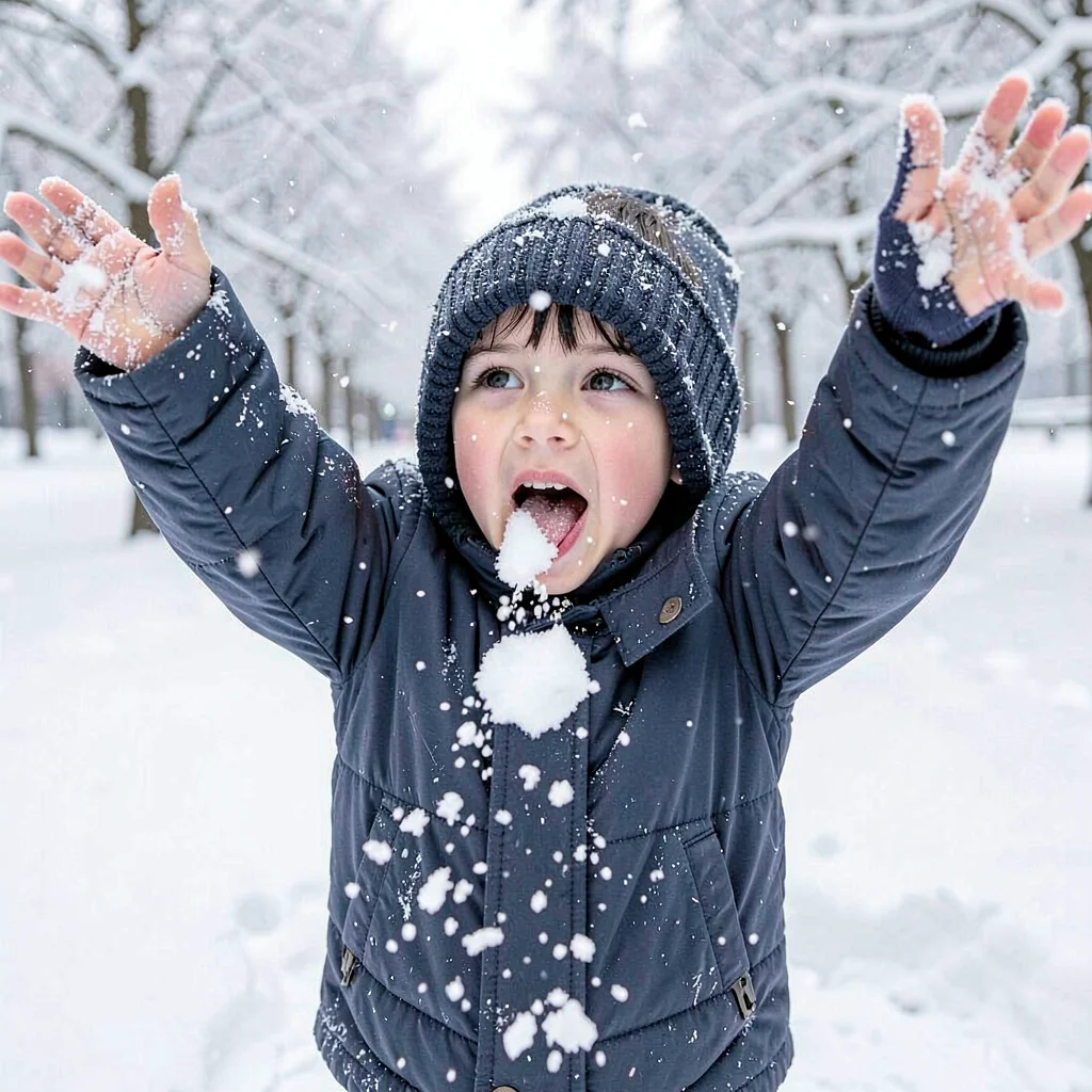 A child discovering snow for first time, arms raised, flakes landing on tongue