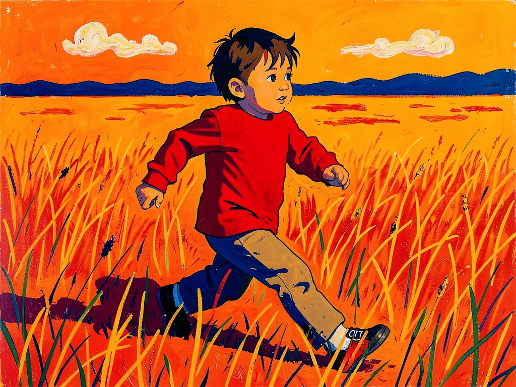 Child running in a field, clothing flat bright red, grass arbitrarily orange