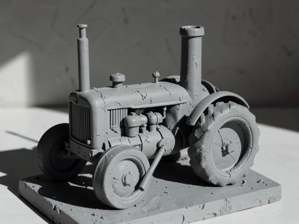 Squat tractor reimagined in unpainted clay with wheel hubs as concrete drums and