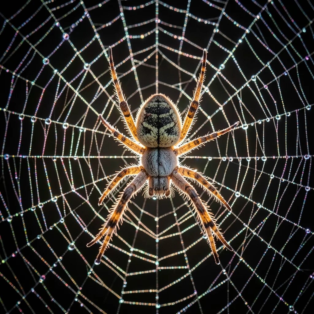 A dew-covered spider web with the garden spider at center, each silk strand bead