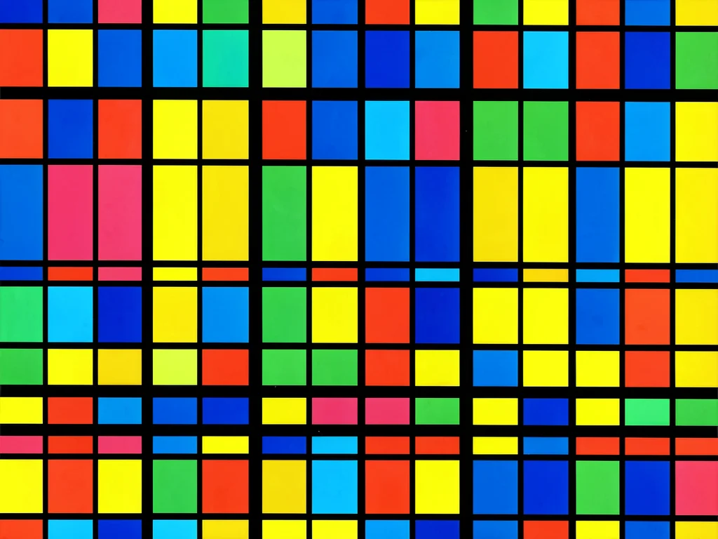 City building facade flattened to primary color windows and black grid lines
