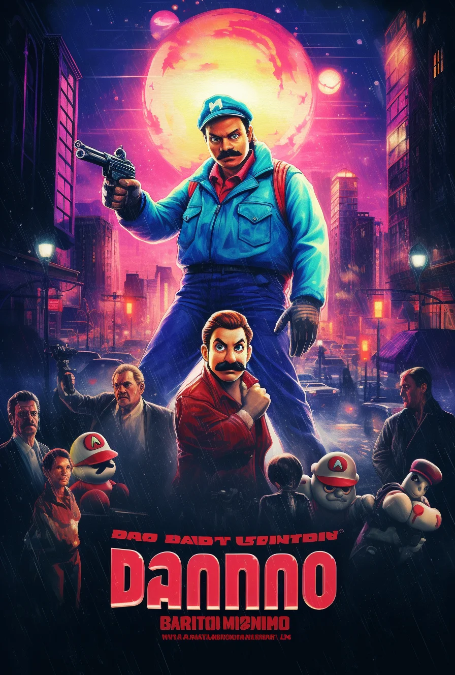 Tarantino movie poster of Super Mario Bros. Neon-lit