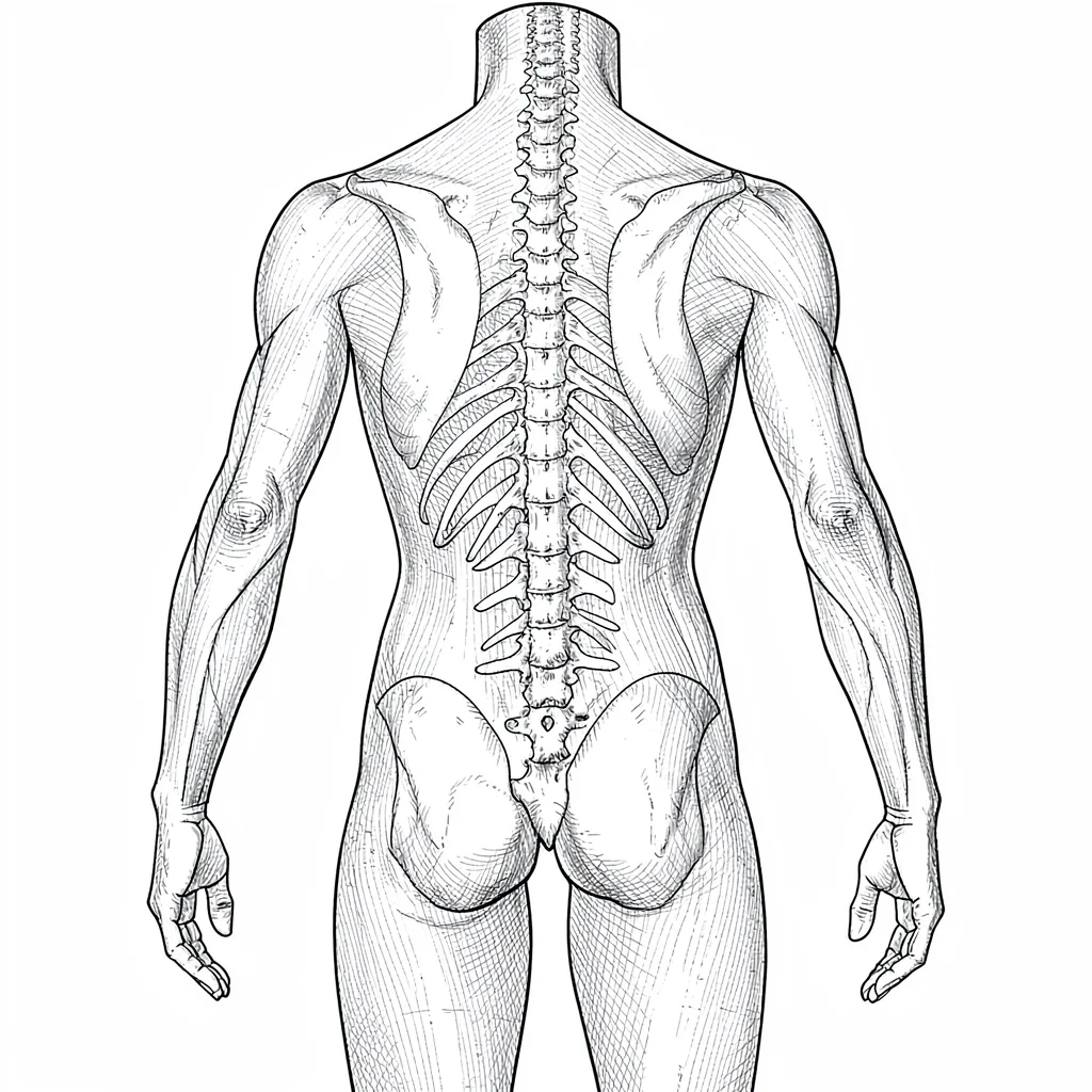 Vertical anatomy plate of a torso showing posterior chain hatching