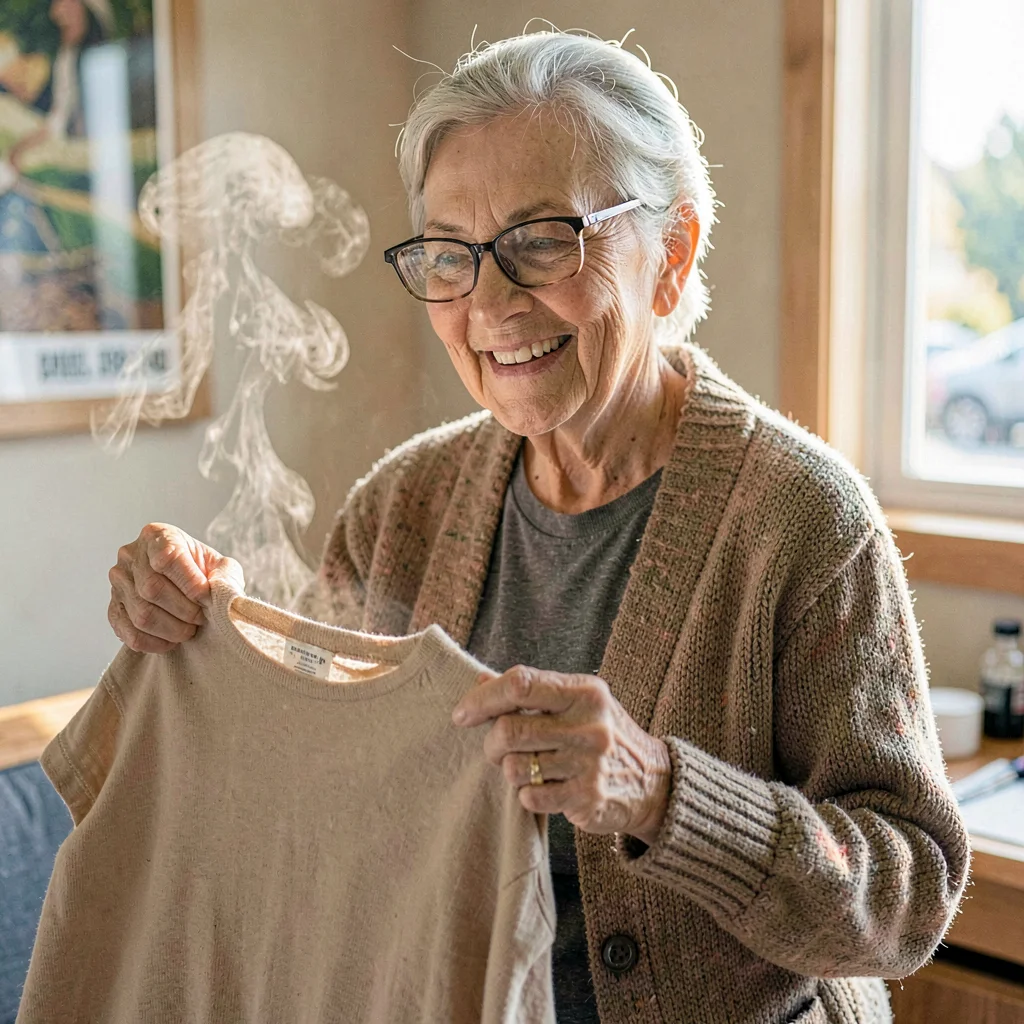 Available-light portrait of a smiling older volunteer in a hand-knit cardigan st
