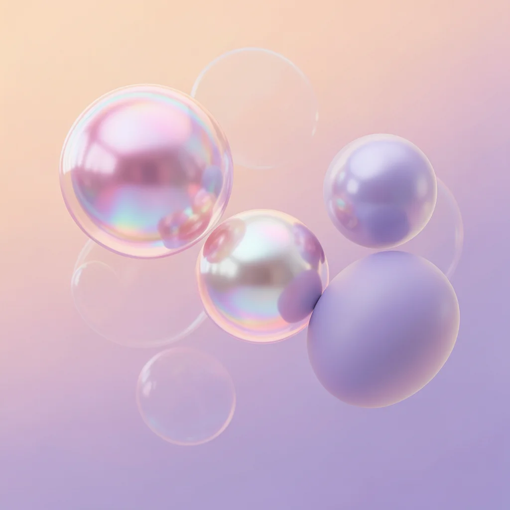 Three glossy spheres in translucent pink, iridescent pearl, and matte lavender f